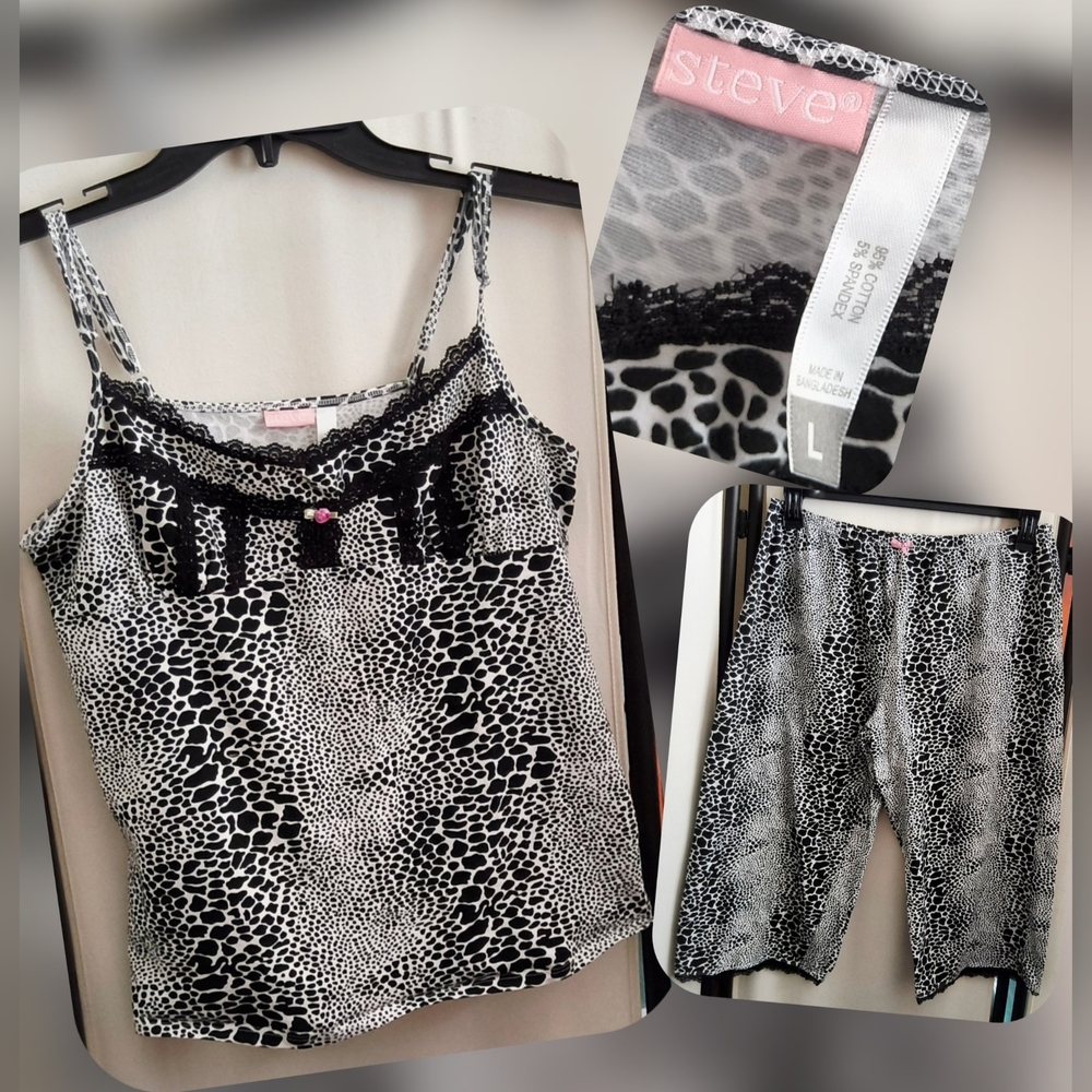 Women's Black and White Leopard Print Lounge Set Size Lg